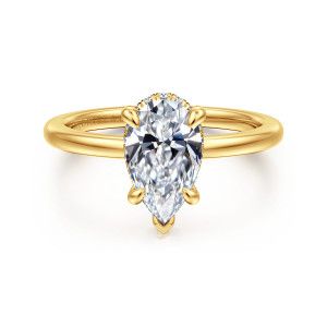Gabriel & Co. ER16061P6Y84JJ 18 karat yellow gold Classic engagement ring, front view of the pear shaped center with a V shaped prong at its point