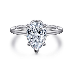 Gabriel & Co. ER16061P8W44JJ 14 karat white gold Classic engagement ring, front view of a pear shaped center with a V shaped tip at its point