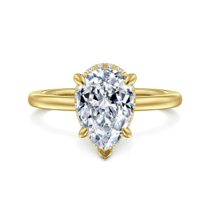Gabriel & Co. ER16061P8Y44JJ 14 karat yellow gold Classic engagement ring, front view of a pear shaped center with a V shaped point prong and a beaded rim beneath