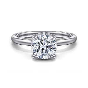 Gabriel & Co. ER16061R6W84JJ 18 karat white gold Classic engagement ring, front view of a round center in four rounded claw prongs on a thin plain hoop