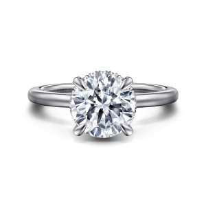 Gabriel & Co. ER16061R8W44JJ 14 karat white gold Classic engagement ring, front view of a round center on rounded prongs, with only slivers of the hidden halo visible