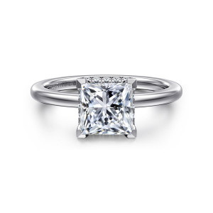 Gabriel & Co. ER16061S6W44JJ 14 karat white gold Classic engagement ring, front view of a princess cut center with flat faced corner prongs and diamonds behind it