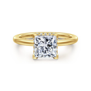 Gabriel & Co. ER16061S6Y44JJ 14 karat yellow gold Classic engagement ring, front view of a princess cut center gripped at each corner by an angular prong
