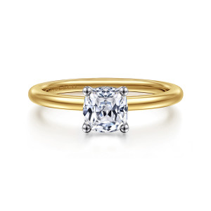 Gabriel & Co. ER16117C4M44JJ 14 karat white and yellow gold Classic engagement ring, front view of a cushion cut center held by four rounded prong tips on a thin band