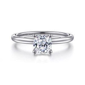 Gabriel & Co. ER16117C4W44JJ 14 karat white gold Classic engagement ring, front view of a cushion center held by four ball tipped prongs on a thin polished band