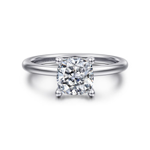 Gabriel & Co. ER16117C6W44JJ 14 karat white gold Classic engagement ring, front view of a cushion cut center held by four button tipped prongs on a plain band