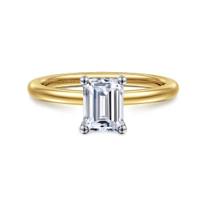 Gabriel & Co. ER16117E4M44JJ 14 karat white and yellow gold Classic engagement ring, front view of an emerald cut center in prongs with ball tips on a smooth band