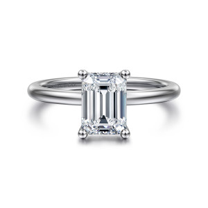 Gabriel & Co. ER16117E6W44JJ 14 karat white gold Classic engagement ring, front view of an emerald cut center with a ball tipped prong at each corner above the band