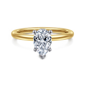 Gabriel & Co. ER16117P4M44JJ 14 karat white and yellow gold Classic engagement ring, front view of a pear shaped center with ball tipped prongs and a V tip at the point