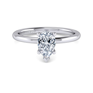 Gabriel & Co. ER16117P4W44JJ 14 karat white gold Classic engagement ring, front view of the pear shaped center with a slim polished band arching behind it