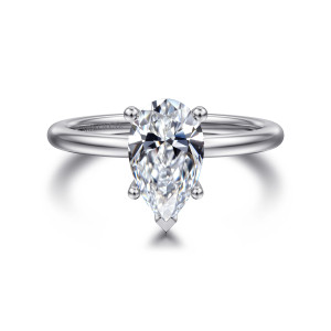 Gabriel & Co. ER16117P6W44JJ 14 karat white gold Classic engagement ring, front view of a pear shaped center held by four ball tipped prongs and a V shaped tip