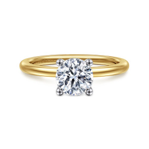 Gabriel & Co. ER16117R4M44JJ 14 karat white and yellow gold Classic engagement ring, front view of a round center on four bead tipped prongs above a smooth rounded band