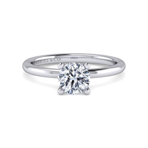 Gabriel & Co. ER16117R4W44JJ 14 karat white gold Classic engagement ring, front view of a petite round center between four ball tipped prongs on a thin band