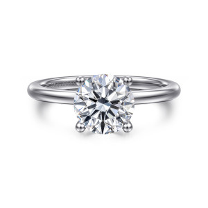 Gabriel & Co. ER16117R6W44JJ 14 karat white gold Classic engagement ring, front view of a round center on four bead tipped prongs above a fine plain band