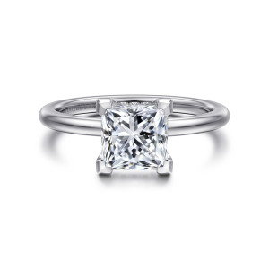 Gabriel & Co. ER16117S6W44JJ 14 karat white gold Classic engagement ring, front view of a princess cut center wrapped at every corner by angular prongs
