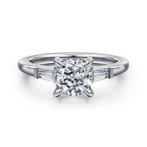 Gabriel & Co. ER16121C6W43JJ 14 karat white gold Classic engagement ring, front view of a cushion center with a tapered baguette on each side of the head