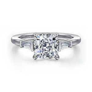 Gabriel & Co. ER16121C8W43JJ 14 karat white gold Classic engagement ring, front view of a cushion center held by four prongs between tapered baguette side stones
