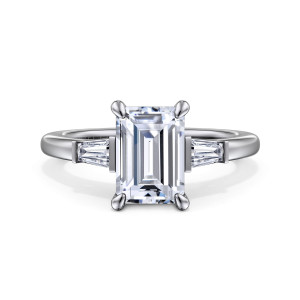 Gabriel & Co. ER16121E8W43JJ 14 karat white gold Classic engagement ring, front view of an emerald cut center with four rounded prongs and squared frames at each side