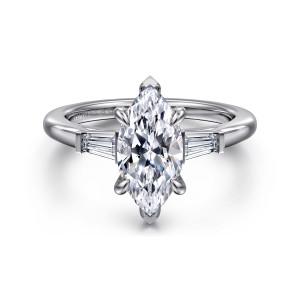 Gabriel & Co. ER16121M6W43JJ 14 karat white gold Classic engagement ring, front view of a marquise center with a tapered baguette stone at each side of the head