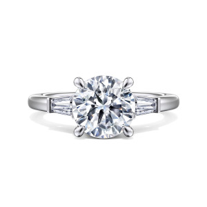 Gabriel & Co. ER16121R8W43JJ 14 karat white gold Classic engagement ring, front view of a round center with four prongs between tapered baguette diamonds in squared seats