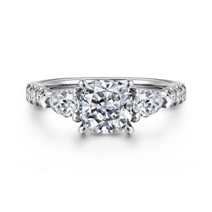 Gabriel & Co. ER16122C6W44JJ 14 karat white gold Contemporary engagement ring, front view of a cushion cut center between pear shaped side stones with points facing outward