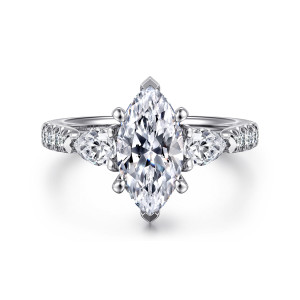 Gabriel & Co. ER16122M6W44JJ 14 karat white gold Contemporary engagement ring, front view of a pointed marquise center between a pear shaped stone on each side
