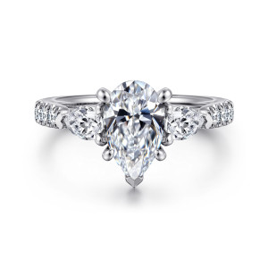 Gabriel & Co. ER16122P6W44JJ 14 karat white gold Contemporary engagement ring, front view of a pear shaped center with its point toward the wearer between pear shaped side stones