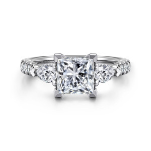 Gabriel & Co. ER16122S6W44JJ 14 karat white gold Contemporary engagement ring, front view of a square center with a pear shaped stone on each side