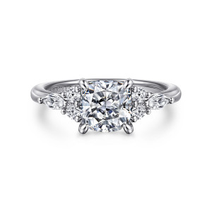 Gabriel & Co. ER16125C6W84JJ 18 karat white gold Contemporary engagement ring, front view of a cushion center with four claw prongs and a small diamond cluster on each side