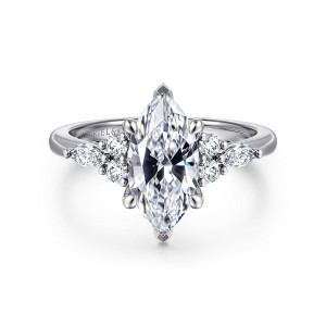 Gabriel & Co. ER16125M6PT4JJ platinum Contemporary engagement ring, front view of a marquise center with a cluster of small diamonds on each shoulder