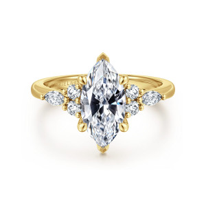 Gabriel & Co. ER16125M6Y44JJ 14 karat yellow gold Contemporary engagement ring, front view of a marquise center with two round diamonds and one elongated diamond on each side