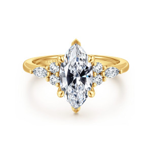 Gabriel & Co. ER16125M6Y84JJ 18 karat yellow gold Contemporary engagement ring, front view of a marquise center with a diamond cluster on each side and pointed tip prongs