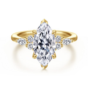 Gabriel & Co. ER16125M8Y44JJ 14 karat yellow gold Contemporary engagement ring, front view of the marquise center with round and elongated diamond clusters at each side