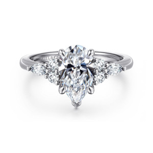 Gabriel & Co. ER16125P6PT4JJ platinum Contemporary engagement ring, front view of a pear center with a pointed tip and a matching diamond cluster on each side