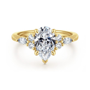 Gabriel & Co. ER16125P6Y44JJ 14 karat yellow gold Contemporary engagement ring, front view of a pear shaped center with round and elongated diamonds clustered at each side