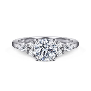 Gabriel & Co. ER16125R4PT4JJ platinum Contemporary engagement ring, front view of a round center with clusters of round and elongated diamonds either side