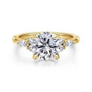 Gabriel & Co. ER16125R8Y44JJ 14 karat yellow gold Contemporary engagement ring, front view of a round center on four leaf tipped prongs with stone clusters at both sides