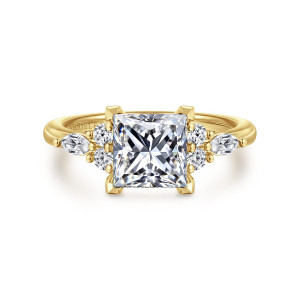 Gabriel & Co. ER16125S6Y44JJ 14 karat yellow gold Contemporary engagement ring, front view of a square center with angular corner prongs and ball tipped stone groups beside it