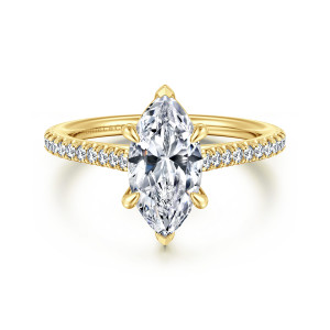 Gabriel & Co. ER16129M6Y44JJ 14 karat yellow gold Contemporary engagement ring, front view of a marquise center with pointed prongs at each tip and diamonds beside the head
