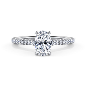 Gabriel & Co. ER16129O4W44JJ 14 karat white gold Contemporary engagement ring, front view of an oval center on four slim claw prongs with a diamond row on each shoulder