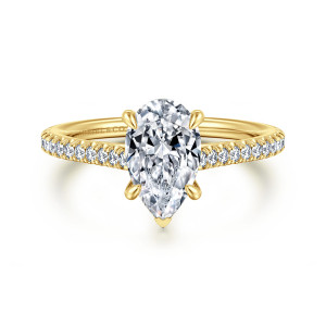 Gabriel & Co. ER16129P6Y44JJ 14 karat yellow gold Contemporary engagement ring, front view of a pear with a V prong at its point above a fine diamond band