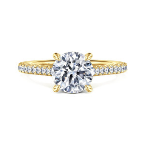 Gabriel & Co. ER16129R6Y44JJ 14 karat yellow gold Contemporary engagement ring, front view of a round center with rounded prongs and diamonds lining the band