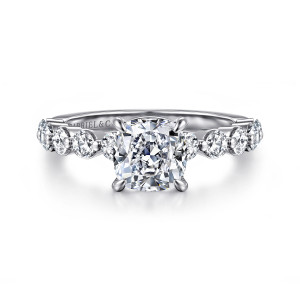 Gabriel & Co. ER16130C6W44JJ 14 karat white gold Classic engagement ring, front view of a cushion cut center with four prongs flanked by round diamonds at the shoulders