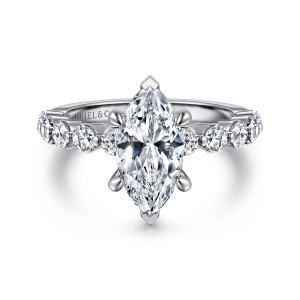 Gabriel & Co. ER16130M6W44JJ 14 karat white gold Classic engagement ring, front view of a marquise center with pointed end prongs and round diamonds flanking the head