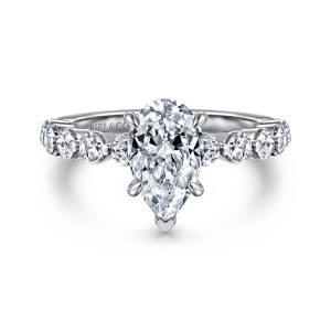 Gabriel & Co. ER16130P6W44JJ 14 karat white gold Classic engagement ring, front view of a pear shaped center with a round stone tight against each side of the head