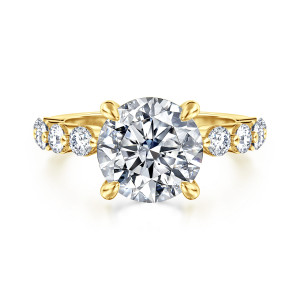 Gabriel & Co. ER16130R12Y44JJ 14 karat yellow gold Classic engagement ring, front view of a round center in four teardrop prongs with diamonds cupped along each shoulder