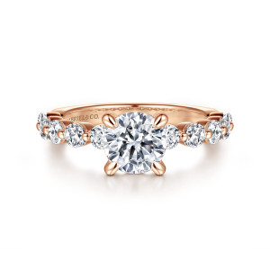 Gabriel & Co. ER16130R4K44JJ 14 karat rose gold Classic engagement ring, front view of a round center with four prongs and beads between the shoulder stones