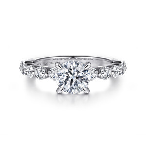 Gabriel & Co. ER16130R4PT4JJ platinum Classic engagement ring, front view of a round center flanked by a row of separately seated round diamonds