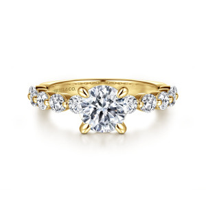 Gabriel & Co. ER16130R4Y44JJ 14 karat yellow gold Classic engagement ring, front view of a round center flanked by round stones divided by tiny beads