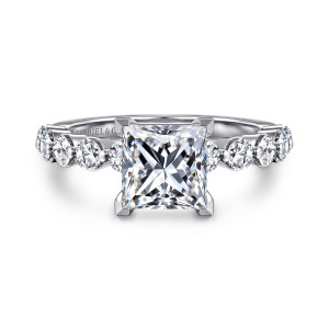 Gabriel & Co. ER16130S6W44JJ 14 karat white gold Classic engagement ring, front view of a square center held by four corner prongs above round stones on both shoulders